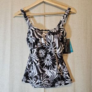 Proflle Tankini Top Black Grey White Floral Built In Bra 32D NWT